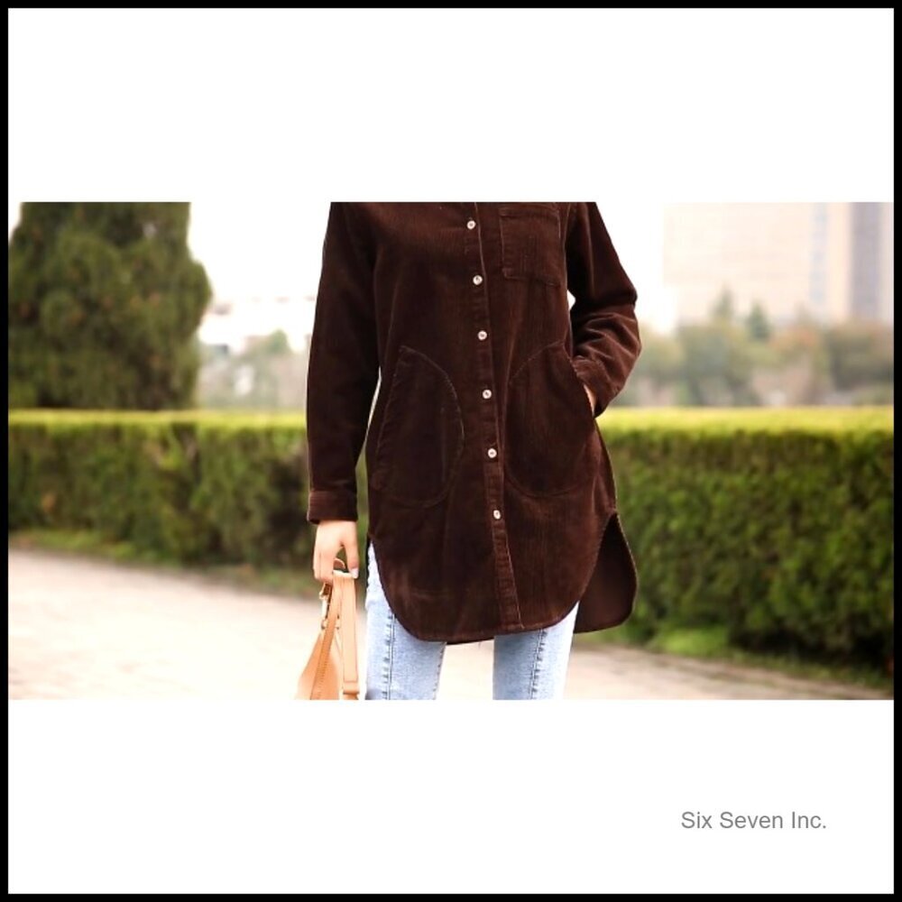 Corduroy Shacket Button Down Blouse Long Sleeve Oversized Chic Fall Tunic - Picture 7 of 7